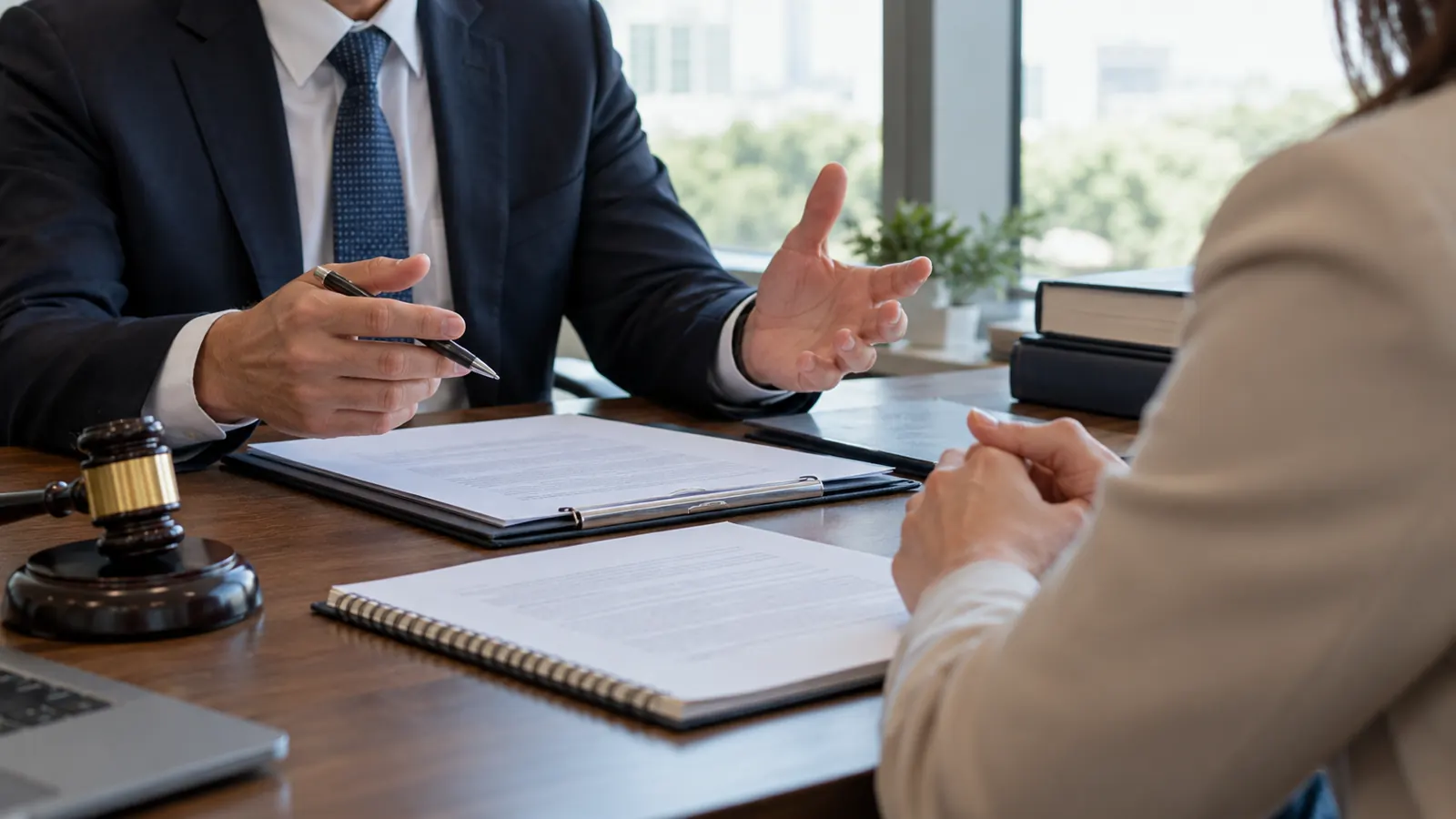 Attorney and expert reviewing notes at a conference table