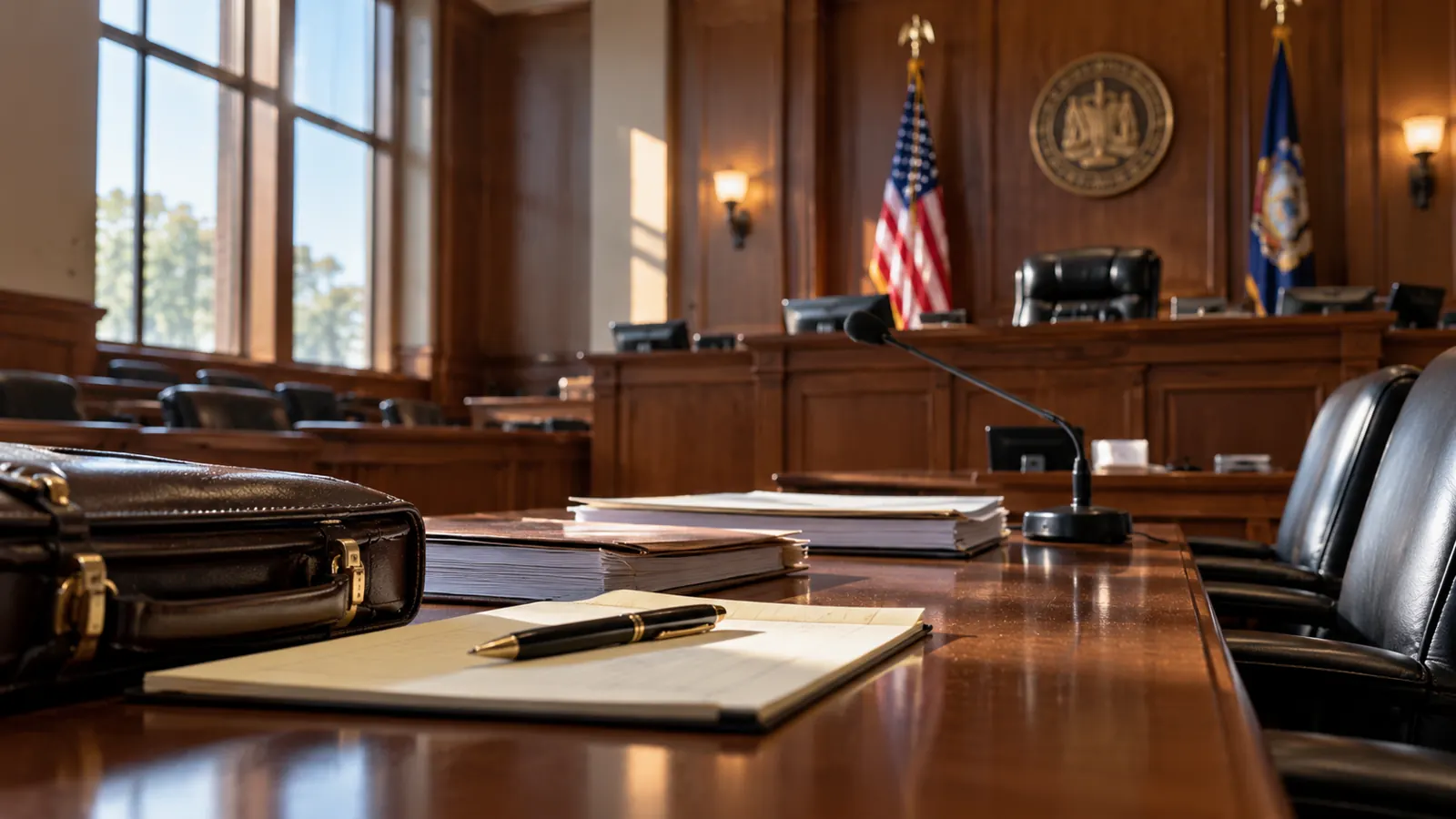 Counsel table in an empty courtroom