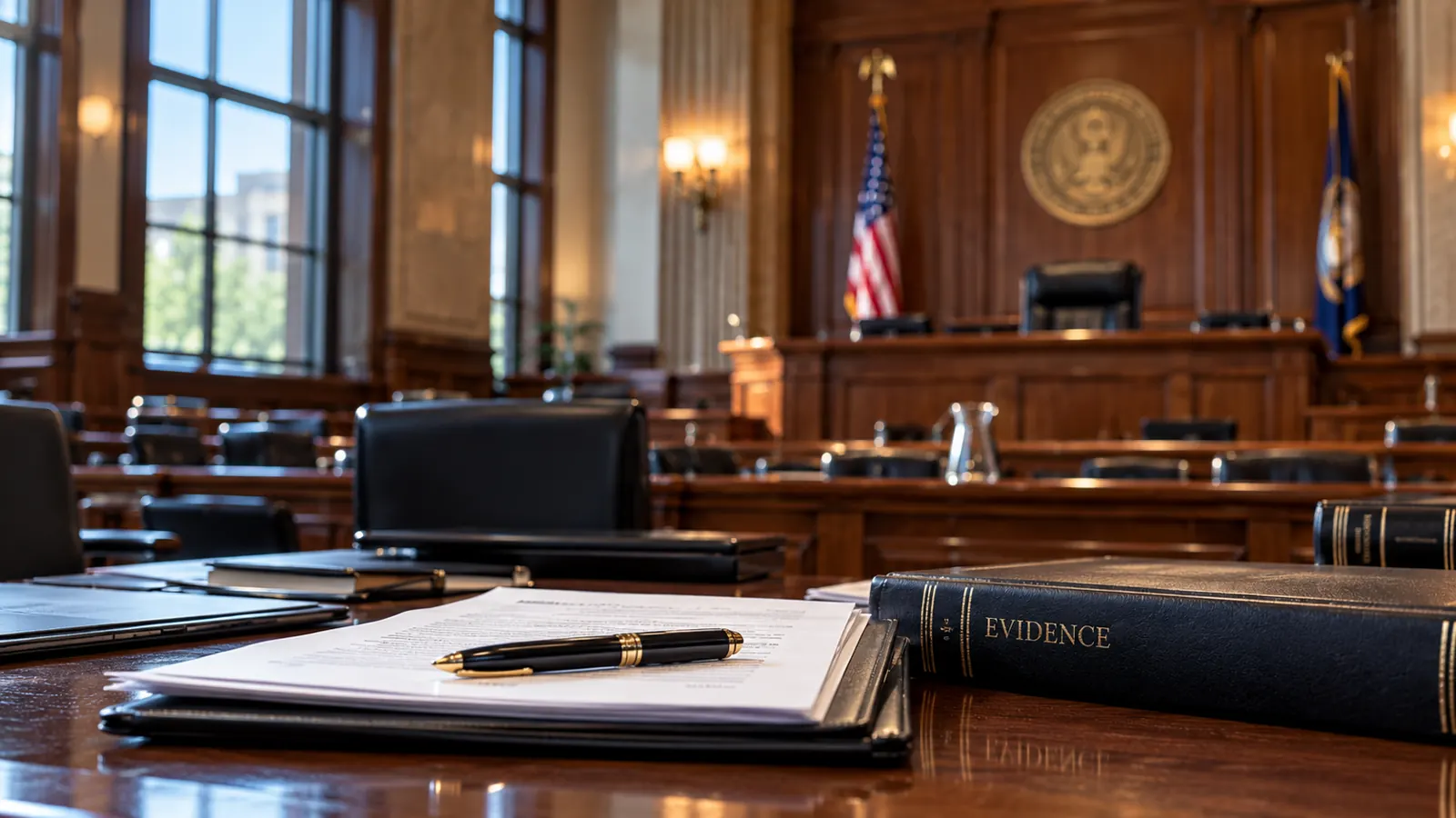 Evidence binder on a courtroom table