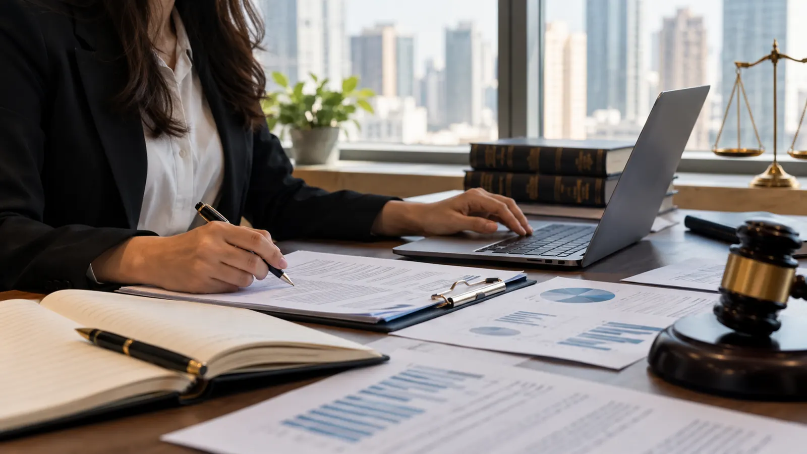 Expert reviewing documents and charts at a desk